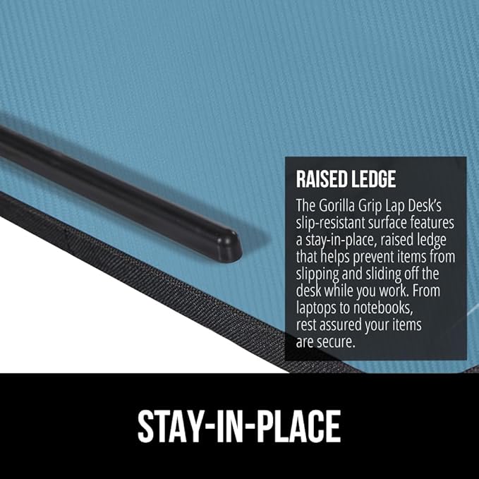 GORILLA GRIP Laptop Lap Desk with Phone Holder, Pillow Cushion Desks Fit Laptops up to 15.6", Tray Ledge Keep Computers in Place, Portable Travel Workstation Essentials for Home, Dorm Room, Blue