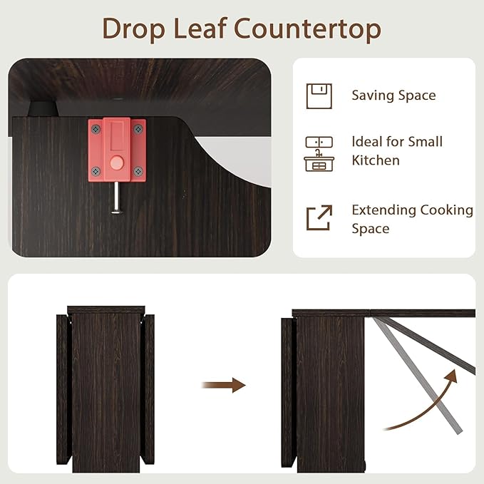 IDEALHOUSE Folding Dining Table, Drop Leaf Dining Table with 6 Wheels and 2-Layer Storage Shelf, Space Saving Kitchen Table for Small Spaces (Dark Walnut, 50.1" D x 31.4" W x 29.5" H)