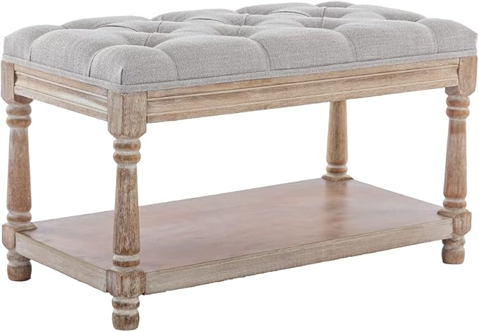 Farmhouse Storage Bench Wooden Entryway Linen Upholstered Ottoman Button Tufted Bench for Bedroom End of Bed Hallway Organizer, Grey, 32 Inch