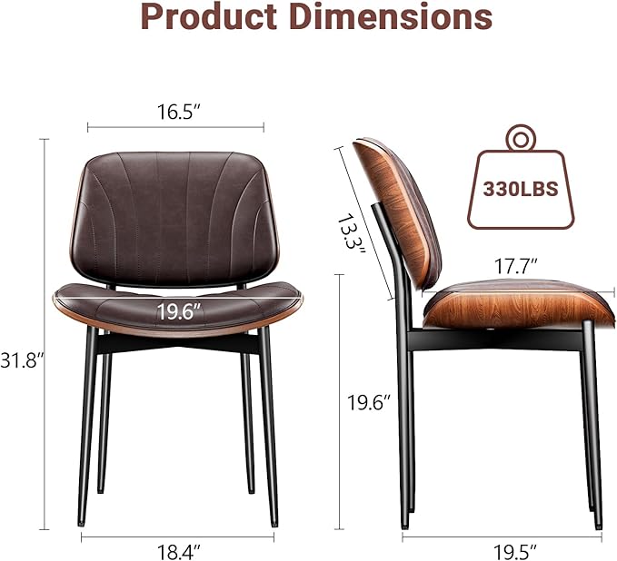YaFiti Dining Chairs Set of 2, Dining Room and Kitchen Chairs, Mid Century Modern Accent Chair, Upholstered PU Leather Chairs for Vanity with Walnut Bentwood and Metal Legs, Brown