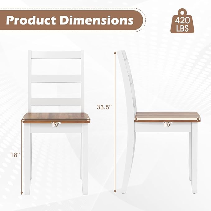Giantex Dining Chairs, Wooden Armless Kitchen Chairs with Solid Rubber Wood Legs, Farmhouse Ladder Back Dining Chairs for Dining Room (4, White+Brown)