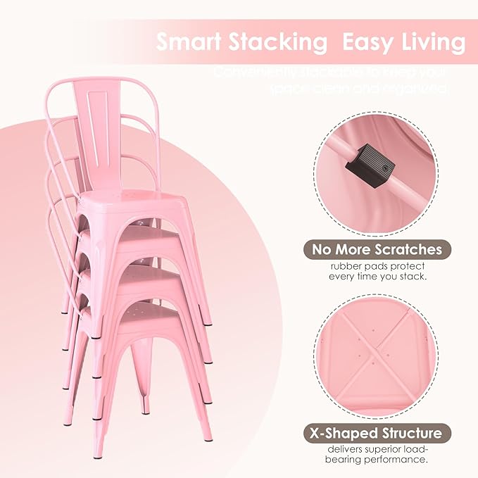 Metal Dining Chairs Set of 2,Stackable Tolix Chair Indoor/Outdoor for Kitchen,Cafe,Restaurant,Bistro & Patio Multiple Colors(Pink)