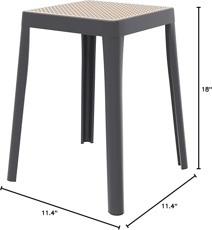 LeisureMod Stackable Square Plastic Dining Stool - Mid-Century Modern Backless Accent Stool with Wicker Top for Kitchen & Dining Room, Grey