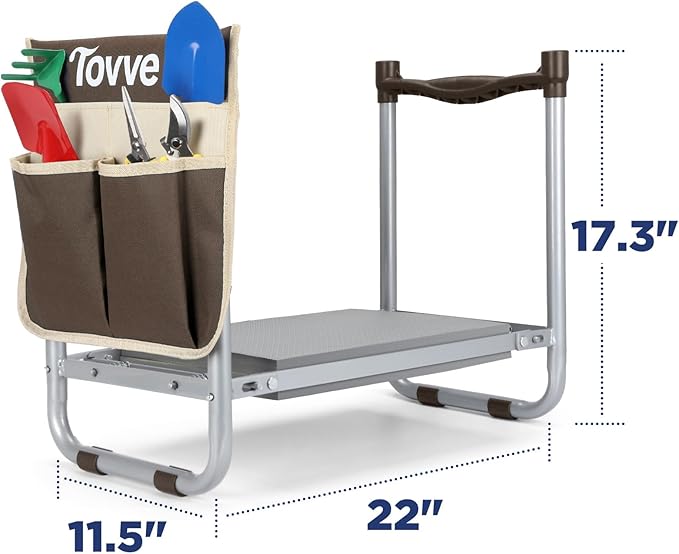 Tovve Upgraded Garden Kneeler and Seat with Thicken & Widen Soft Kneeling Pad, Heavy-Duty Foldable Garden Stool with Large Garden Tool Bag, Portable Garden Bench Gardening Gifts for Women, Seniors