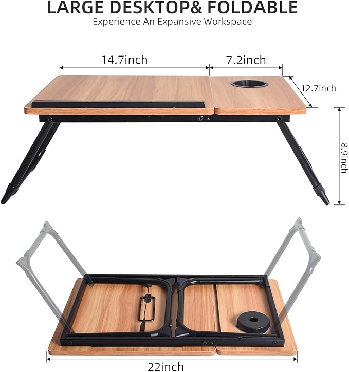 Adjustable Wooden Lap Desk with Flexible Stand, Natural Oak Color, Portable Workstation with Cable Management, Ergonomic Design for Home Office (Wood)