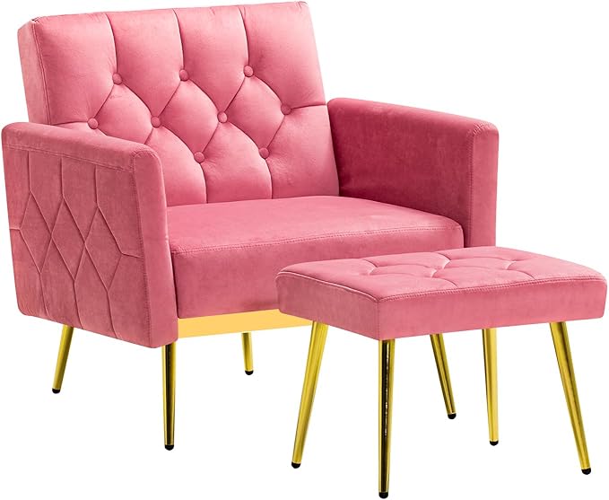 ACMEASE Velvet Accent Chair w/Adjustable Armrests and Backrests, Tufted Single Sofa with Ottoman, Upholstered Reading Chiar for Living Room, Apartment, Bedroom, Pink