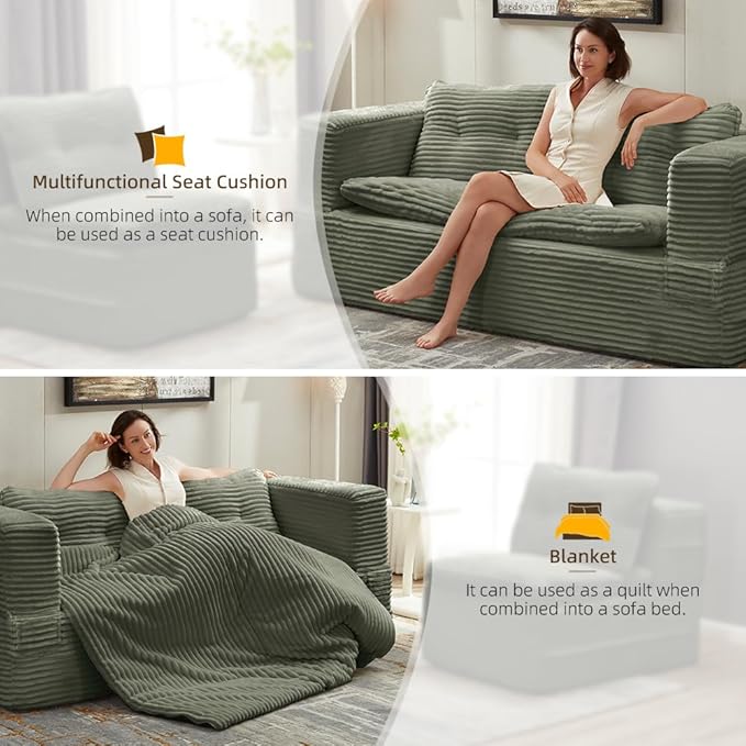80" Foldable Floor Couch, 3-Seat Convertible Sleeper Sofa with Chaise Lounge, Blanket and 3 Soft Pillows, Corduroy Fabric, for Living Room, Bedroom, Apartment, No Assembly Required, Green