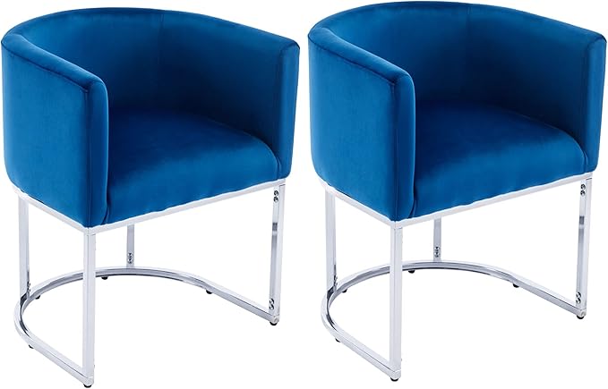 VESCASA Velvet Upholstered Dining Chairs with Barrel Back, Mid Century Modern Padded Restaurant Chairs with Chrome Metal Frame for Kitchen, Dining Room, Set of 2, Blue