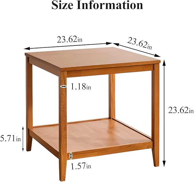 Cttasty Side Table, Solid Wood Square End Table with Storage Shelf, 2-Tier Coffee Table for Living Room, Rubber Wood Small Sofa Table, Nightstand 23.62 H x 23.62 W x 23.62 D Inches (Natural)