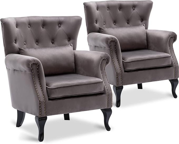 LZAREAL Accent Reading Arm Chairs Set of 2 for Living Room Bedroom, Midcentury Modern Comfy Corner Sofa Chair, Wingback Waiting Room Club Chair with Button Tufted Back &Lumbar Pillow, Velvet Grey