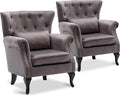 LZAREAL Accent Reading Arm Chairs Set of 2 for Living Room Bedroom, Midcentury Modern Comfy Corner Sofa Chair, Wingback Waiting Room Club Chair with Button Tufted Back &Lumbar Pillow, Velvet Grey