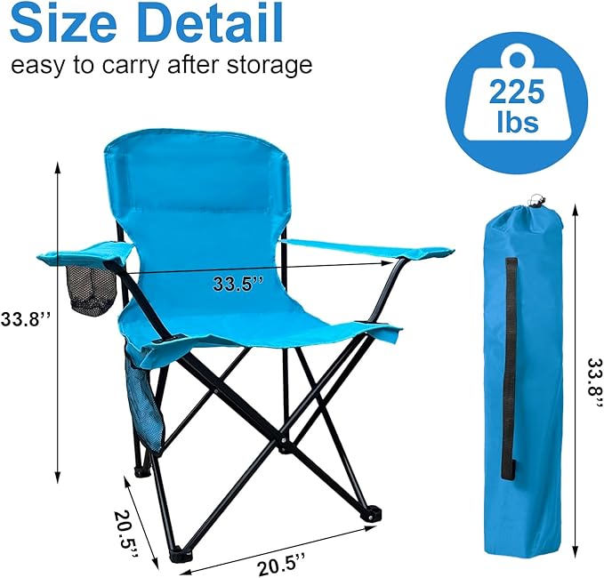 SAILARY Folding Camping Chair with Cup Holder and Cooler Bag, 225lbs Capacity, Upgraded Portable Foldable Chair with Heavy Duty Steel Frame for Outdoor, Beach, Fishing, Backpacking, Sky Blue 2PCS