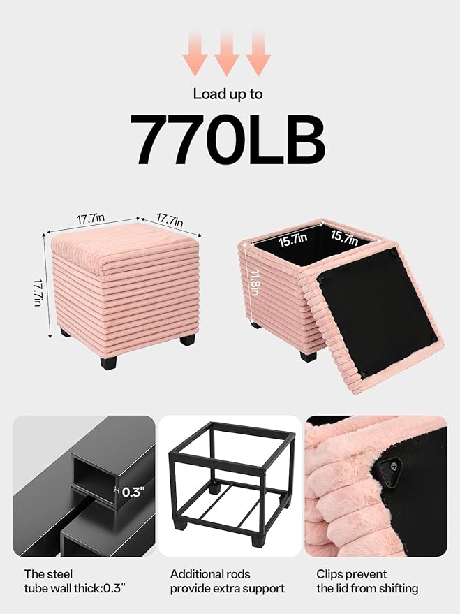 ABHENG 17.7 inches Faux Fur Ottomans Cube with Storage, Metal Framed Vanity Stool Chair Storage Ottoman Foot Rest Stool, Holds 770 LB for Dorm Living Room Bedroom Pink UASND643P