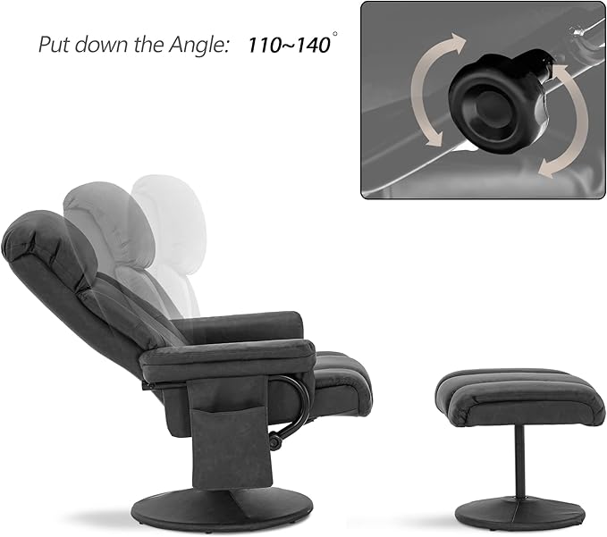 MCombo Swivel Recliner with Ottoman, TV Chair with Vibration Massage, Ideal for RV Small Space, Living Room & Bedroom 4539 (Faux Leather, Dark Grey)