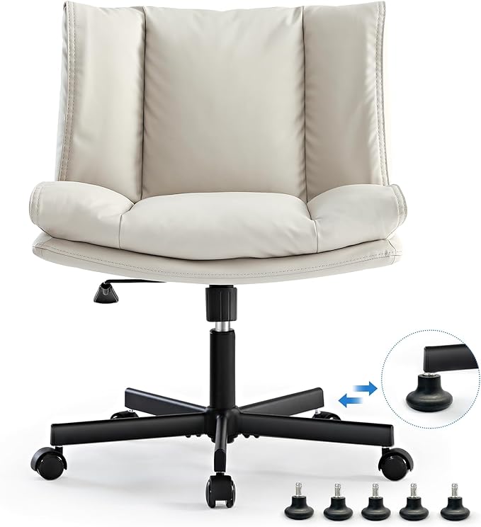 LEAGOO Criss Cross Chair with Wheels, Genuine Leather Armless Cross Legged Office Chair, Comfy Desk Chair, Modern Swivel Height Adjustable Computer Task Chair, Wide Seat Cute Chair for Home Office