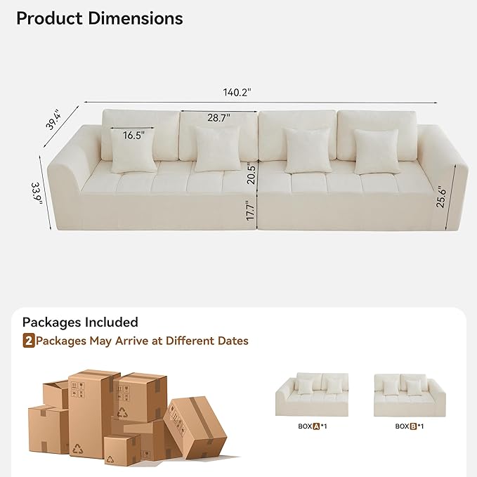 140''Modular Sectional Couches for Living Room, Cloud Boneless Compressed Sectional Sofa, Oversized 4 Seater Upholstered Memory Foam Sofa, No Assembly, Chenille Beige
