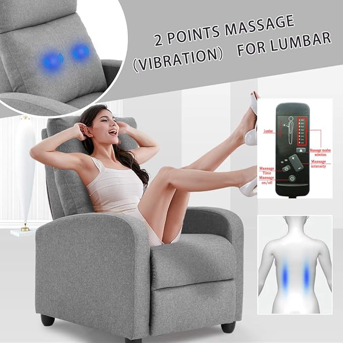 BestMassage | Recliner Chair | with 2 Point Massage Function | Textile Grey | with Lumbar Support, Adjustable Push Back, Footrest & Padded Seat | Easy Assembly | for Living Room, Home Theatre