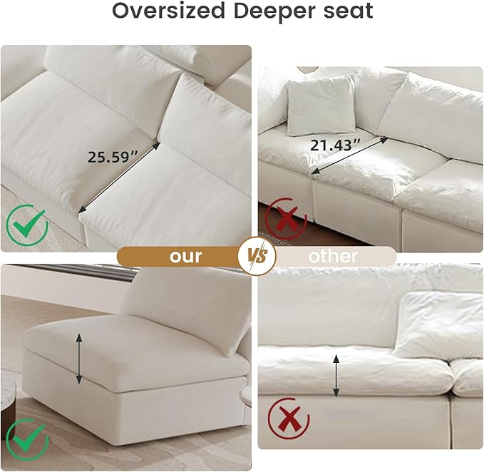 WJShome Modular Sectional Sofa,L Shaped Cloud Couch Sectional,120inch Deep Seat Couches, 3 Seater+ 1 Storage Ottoman for Living Room/Office (White, 4 Seater)