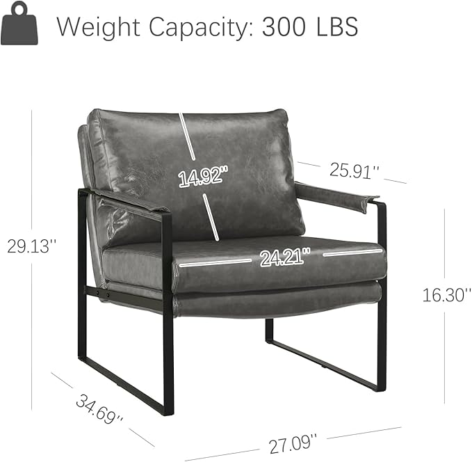 Zouron Mid Century Modern Accent Chair with Black Metal Frame, Upholstered Living Room Chairs with Pillow, Reading Armchair for Bedroom, Office, 1 Pcs, Gray