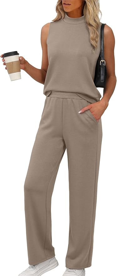 XIEERDUO Two Piece Sets for Women Summer Outfits Travel Mock Neck Lounge Sets Wide Leg Pants Beach Vacation Clothes