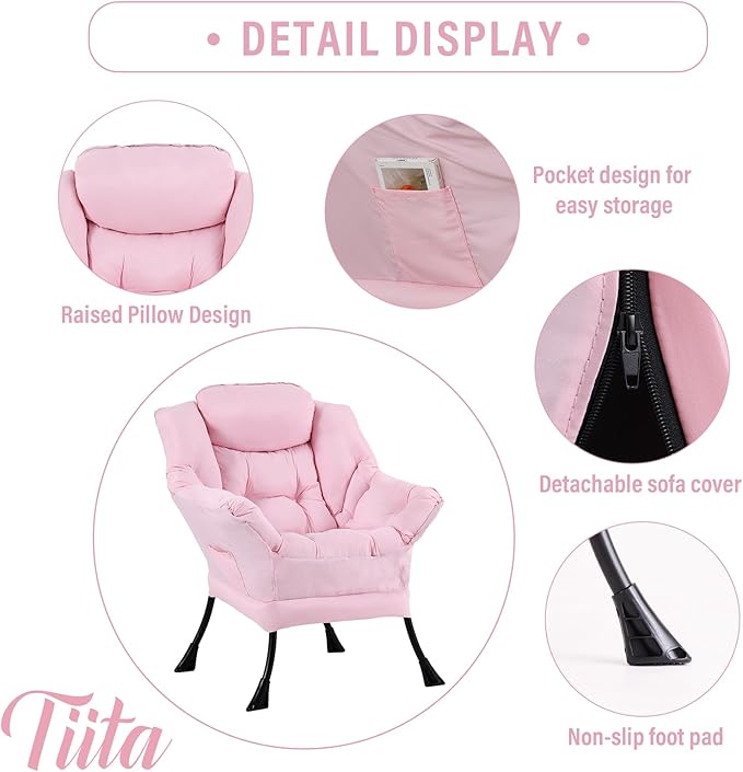 Tiita Lazy Chair with Ottoman, Pink Chair Modern Large Accent Lounge Armchair, Comfy Leisure Sofa Reading Chair with Footrest for Bedroom, Living Room, Dorm Rooms, Garden and Courtyard, Pink