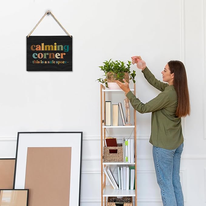 Calming Corner Hanging Wood Sign Plaque - Safe Space, Classroom Decor, School Counselor Office, Calm Down Corner Decorations - Boho Style (Black), 10x8