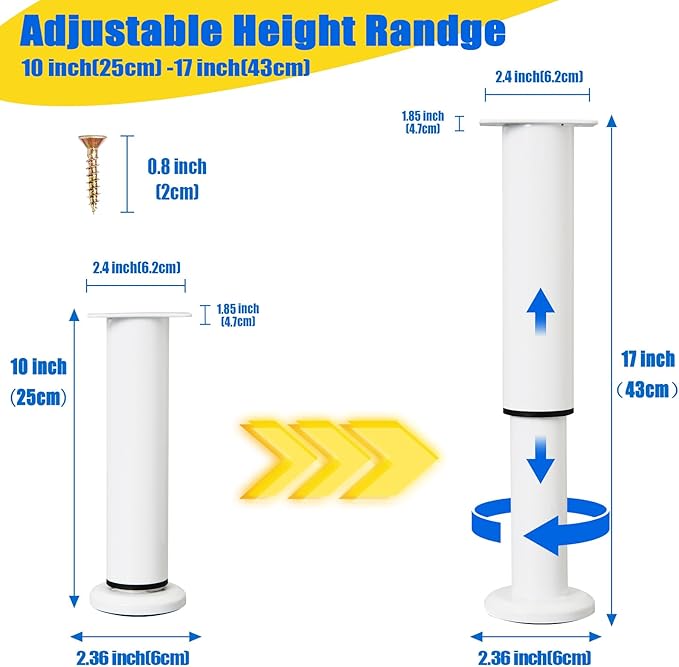 Olldag 4 Pcs Adjustable Height Bed Support Furniture Legs [with Screws] for Bed Frame,Metal Adjustable 10-17 inch for Bed/Sofa/Cabinet/Couch/Dresser/Table -Heavy Bed Replacement Legs (White)