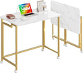 4NM 27.5" Mobile Small Rolling Computer Desk, Folding Laptop Cart Table with Wheels, Portable Office Desk for Small Space Couch Bed - White and Golden