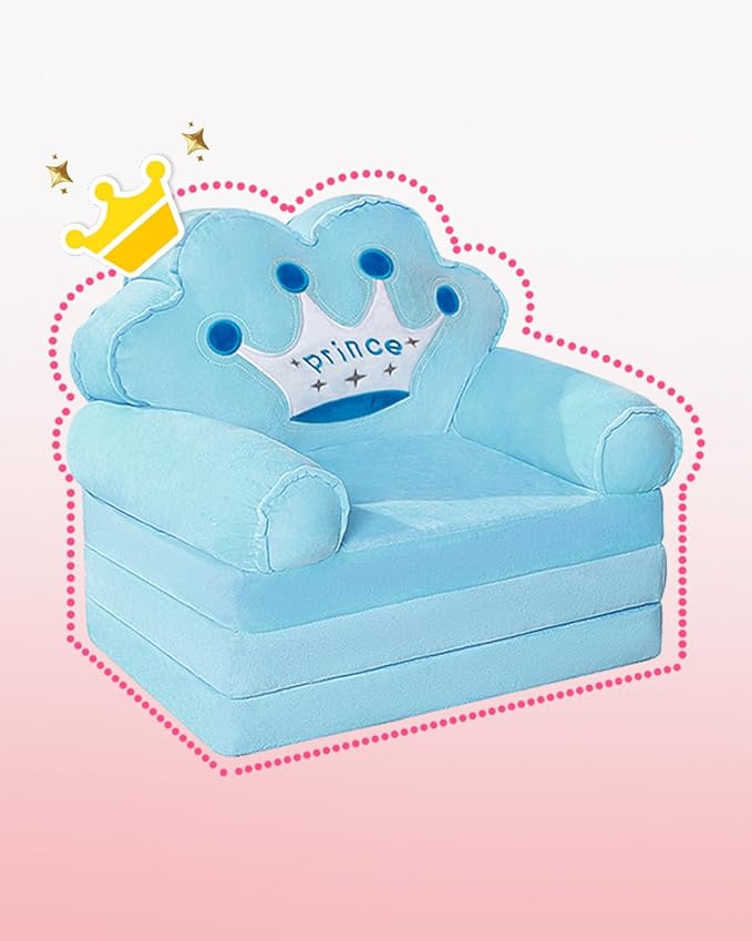 MOONBEEKI Kids Couch Fold Out, Foldable Princess Chair for Toddlers 1-3, Kids Furniture for Playroom, Gift for Birthday Christmas and Halloween, Blue