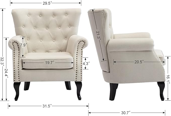 DM Furniture Mid Century Accent Chair for Living Room, Linen Fabric Button Tufted Armchair Wingback Club Chair, Modern Single Sofa Lounge Chair with Pillow for Reception/Bedroom, Beige