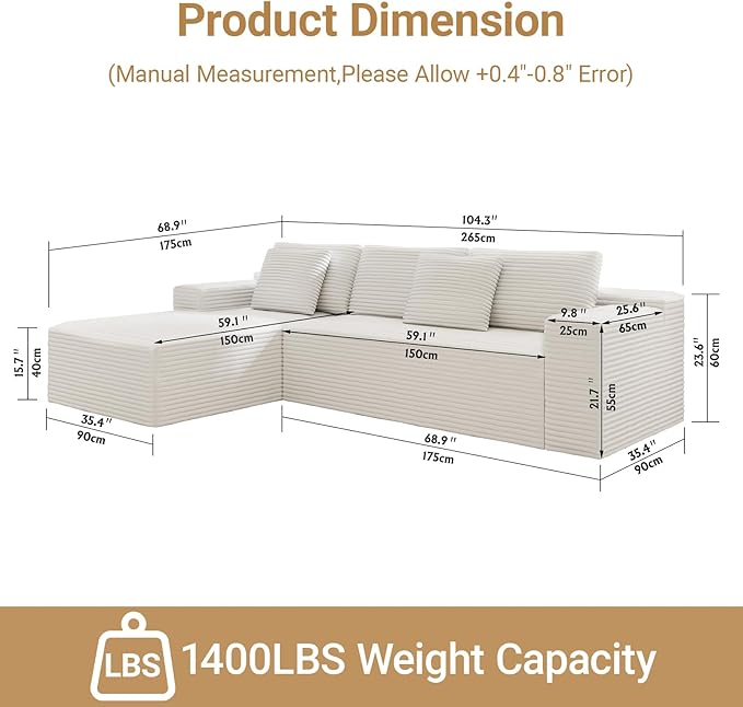 KAPEETOO Cloud Modular Sectional Sofa with Chaise Longue, Giant L Shaped Sectional Couch with Deep Seat, Oversize 3-Seater Boneless Couch for Living Room Bedroom Left Facing Chaise (White)