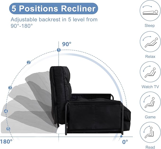 YOSHOOT Adjustable Lazy Floor Sofa, Folding Couch Bed with 5 Positions Adjustable Backrest, Convertible Bean Bag Sofa Bed Couch Foldable Sleeper Chair with Pillow for Reading Gaming（Black, Single）