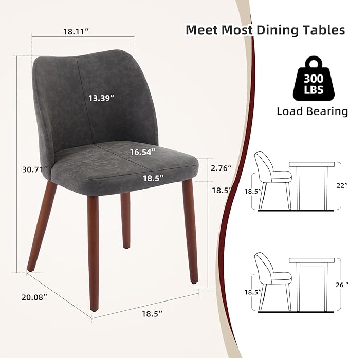 ElfinAura Dining Chair Set of 6, Leather Upholstered Dining Chair with Wood Legs, Wing Backrest, Wooden Kitchen Chair, Kitchen Chairs with Thick Cushions for Dining Room, Living Room, Dark Grey
