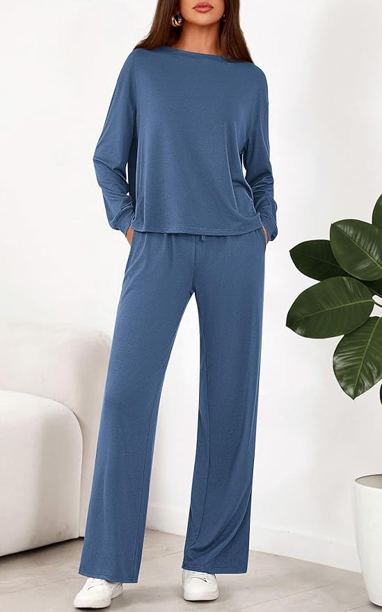 PRETTYGARDEN Womens 2 Pieces Lounge Sets Crewneck Long Sleeve Wide Leg Drawstring Pants Tracksuits Loose Fit Outfits Set