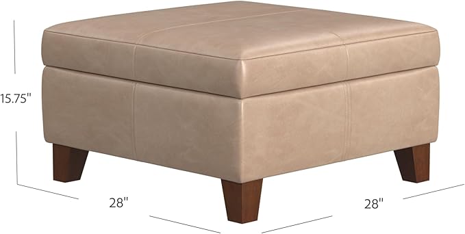 HomePop Faux Leather Square Storage Ottoman with Wood Legs, Sand