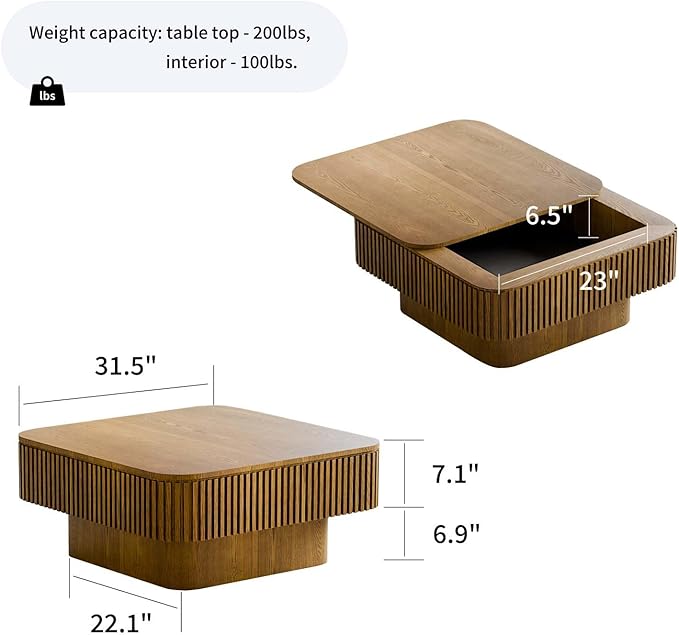 FGXJY Square Small Coffee Table with Storage, Modern Wooden Coffee Table with Solid Wood Veneered, Fluted Center Table Drum Tea Table for Living Room Apartment, 31.5''L×31.5''W×14''H
