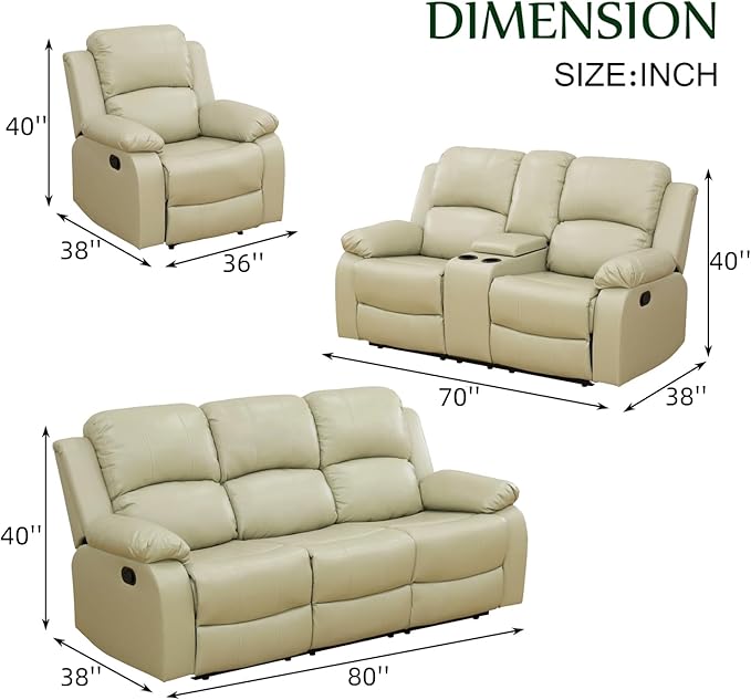 Caberryne Leather Recliner Sofa Set，Leather Reclining Couch for Living Room Furniture Sets，Beige Recliner Couch with 5 Recliners for Living Room/Office/Theater Seating(Sofa Set 3 Pieces)
