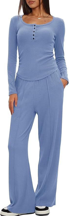 Darong Womens 2 Piece Matching Lounge Sets 2026 Long Sleeve Henley Shirts Wide Leg Pants Airport Travel Outfits