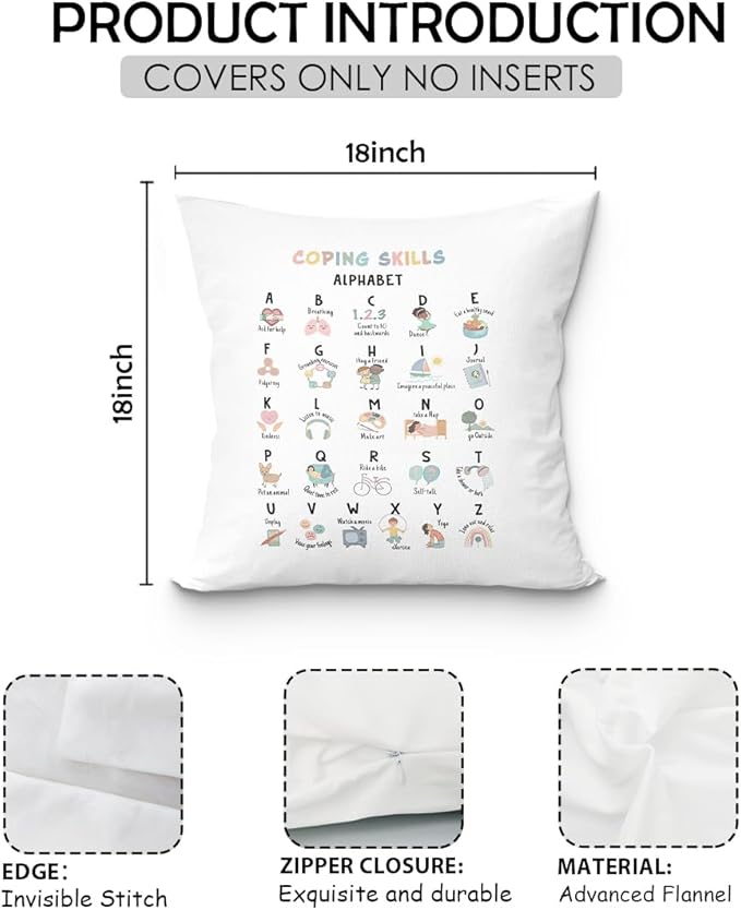 uinwk Coping Skills ABC Pillow Covers 18x18, Mental Health Decor,Counseling Office Pillow Covers,Calming Classroom Decor，Mental Health Awareness Gifts