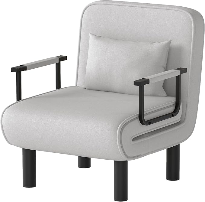 Furniliving 4 in 1 Folding Sofa Bed Chair, Convertible Sleeper Chair Bed with 6-Position Adjustable Backrest, Upholstered Chaise Lounge with Pillow, Accent Chairs for Bedroom, Linen, LightGrey, 2