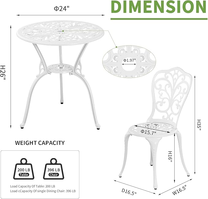 Withniture Bistro Set 3 Piece Outdoor Cast Aluminum Patio Bistro Set with Umbrella Hole, All Weather Bistro Table and Chairs Set, Small Patio Furniture Set for Garden, Porch,White