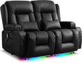 URRED Loveseat Recliner Sofa with Massage and Heat, Power Reclining Loveseat Sofa RV Couch Home Theater Seating with LED Lights, Cup Holders, Side Pockets, USB, Pillows, Faux Leather, Black