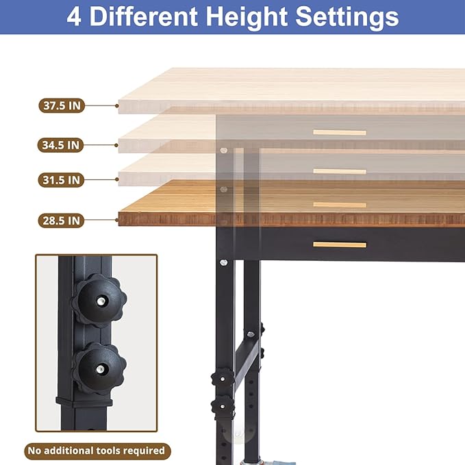 60in Heavy-Duty Adjustable Height Workbench with Wheels, 2700LB Capacity Mobile Work Table with Wood Drawers, Solid Bamboo Desktop & Built-in Power Strip for Garage Workshop