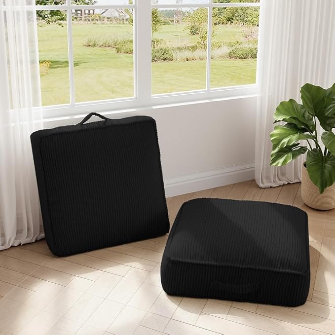 PRIMEPATIO Floor Pillow for Adults Set of 2, 8" Square Floor Cushions with Washable Cover, Large Corduroy Meditation Pillow, 22 inches Tatami Seat with Handle for Living Room or Yoga, Black
