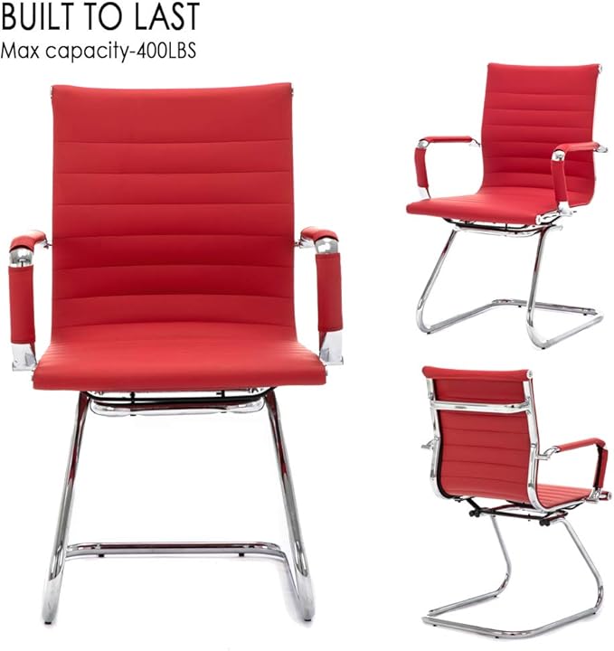 DM Furniture No Wheels Reception Chairs Waiting Room Chair Leather Conference Chairs Back Support Heavy Duty Office Chair with Arm, Set of 2 (Deep Red)