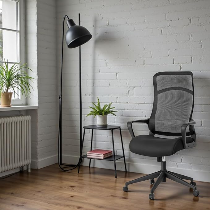 Ergonomic Mesh Office Chair – Black Adjustable Desk Chair with Upholstered Seat, Breathable Back, Fixed Armrests & 5-Wheel Rolling Base for Home Office or Study