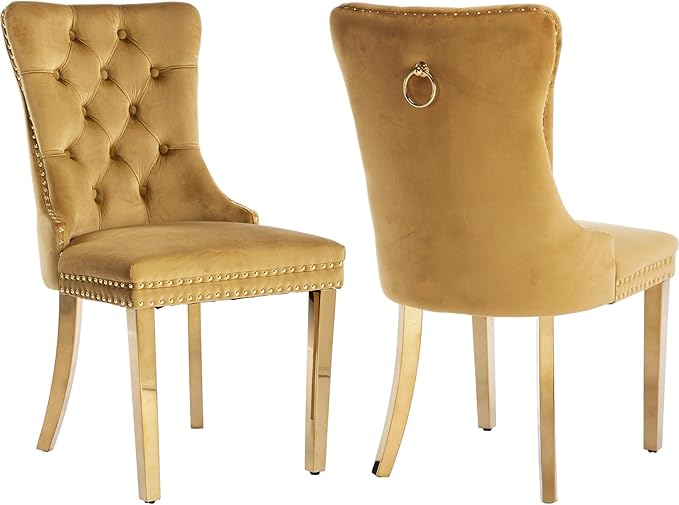 YeahFurn Mid Century Modern Dining Chairs Set of 2, Yellow Velvet Upholstered Tufted Back, Kitchen & Dining Room Chairs, Gold Metal Legs, Nailhead Trim, Sillas para Comedor (Yellow, 2 Pcs)