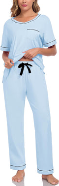 CF Women's 100% Cotton Pajama Sets Soft Short Sleeve Tops & Pants Comfy Sleepwear 2 Piece Lounge set with Pockets Loungewear