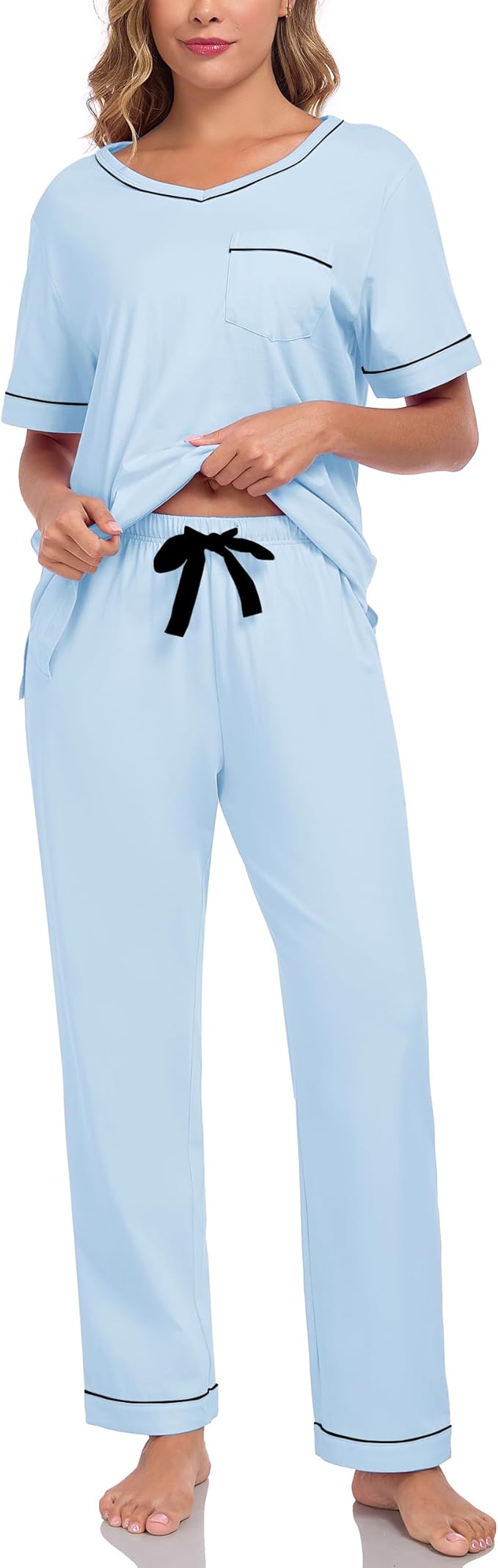 CF Women's 100% Cotton Pajama Sets Soft Short Sleeve Tops & Pants Comfy Sleepwear 2 Piece Lounge set with Pockets Loungewear
