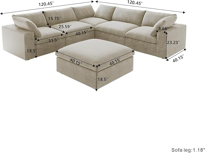 160.6'' Cloud Modular Sectional Sofa,Down Filled Comfort V Shaped Sofa Couch for Living Room,Minimalist Wide Deep Seat Convertible Couches for Office Apartment,4 Seater & 1 Corner+1 Ottoman (Khaki)